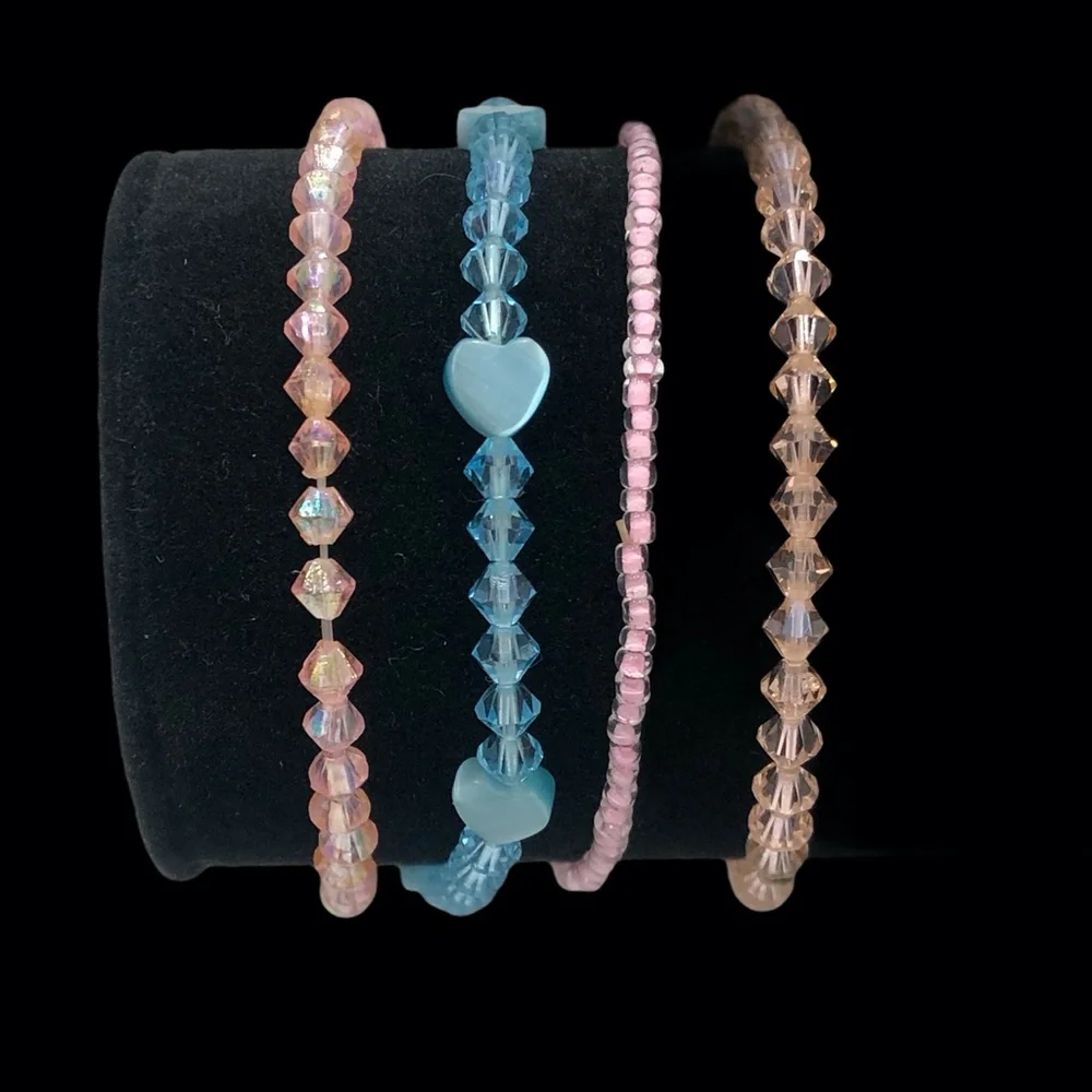 CRYSTAL STRETCH BRACELETS - PINK, PEACH, & BLUE - SET OF 4